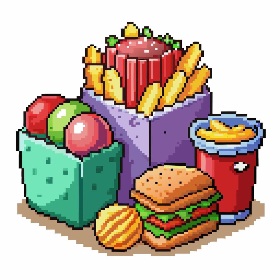 Pixel Art Fast Food Illustration with Burger, Fries, and Snacks vector