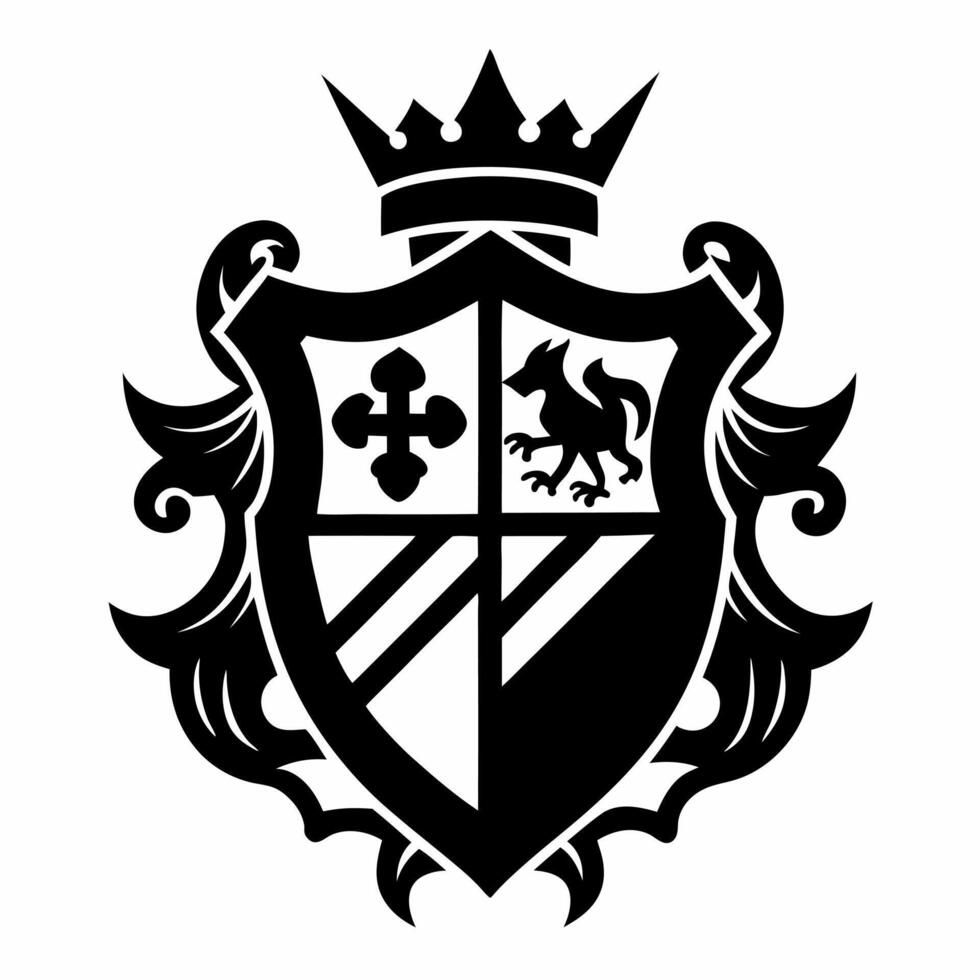 Heraldic Coat of Arms with Crown and Wolf Emblem in Monochrome Design vector