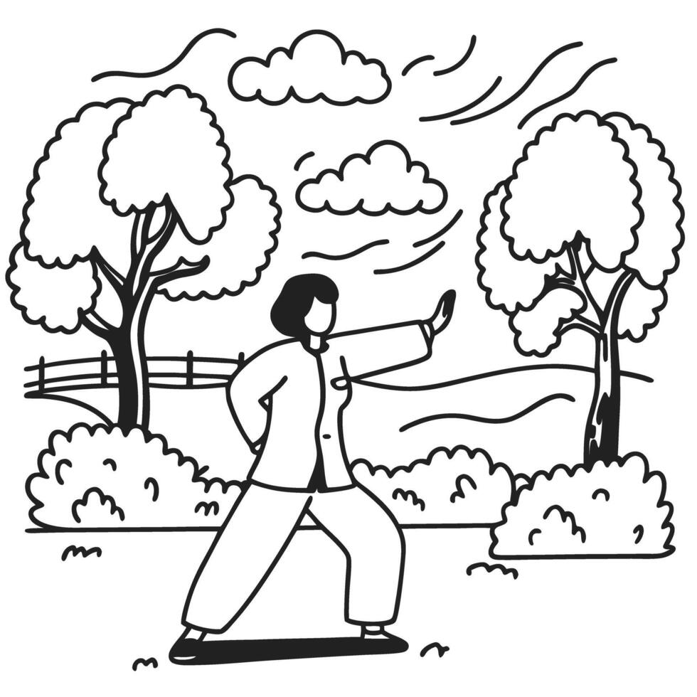person practicing tai chi outdoors, black and white illustration peaceful landscape with trees and clouds, holistic health scenery vector