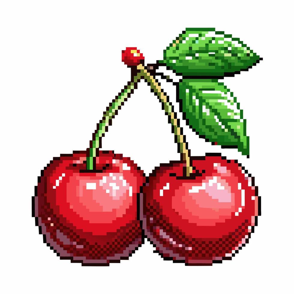 Pixel Art Cherries with Leaves Retro Gaming Style Illustration vector