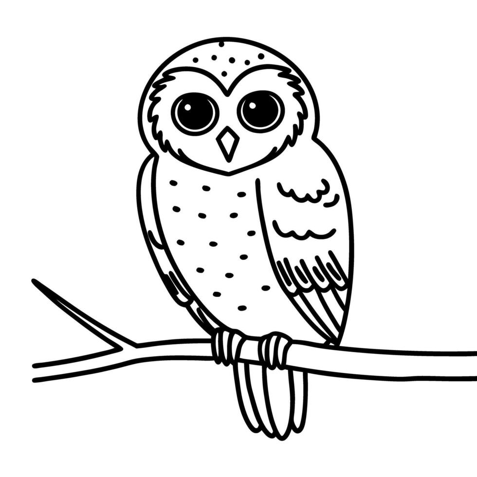 Black and white owl illustration on branch, simple line drawing vector