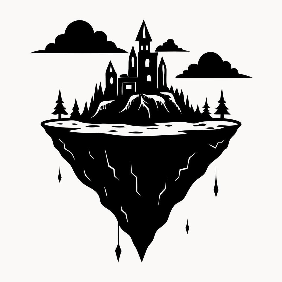 Mystical Floating Island with Castle and Clouds in Monochrome Silhouette Art vector
