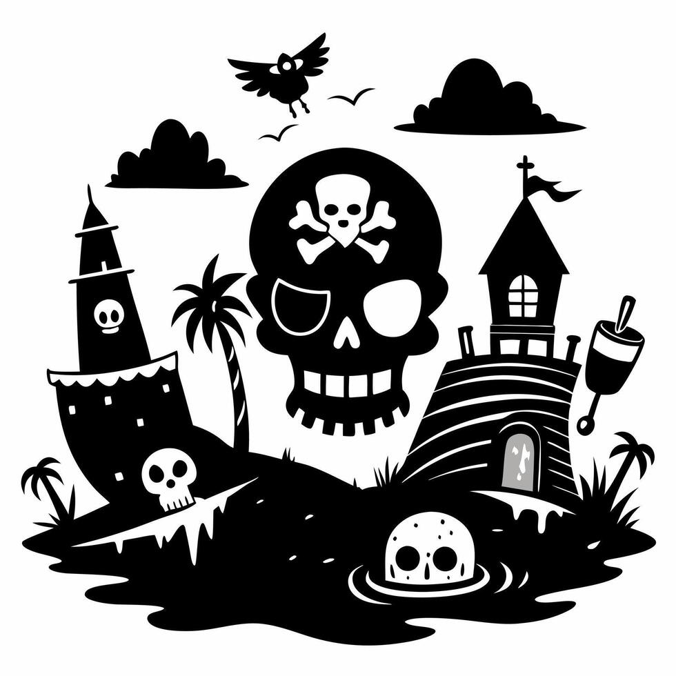 Spooky Pirate Skull Island with Haunted Castles and Skeletons vector
