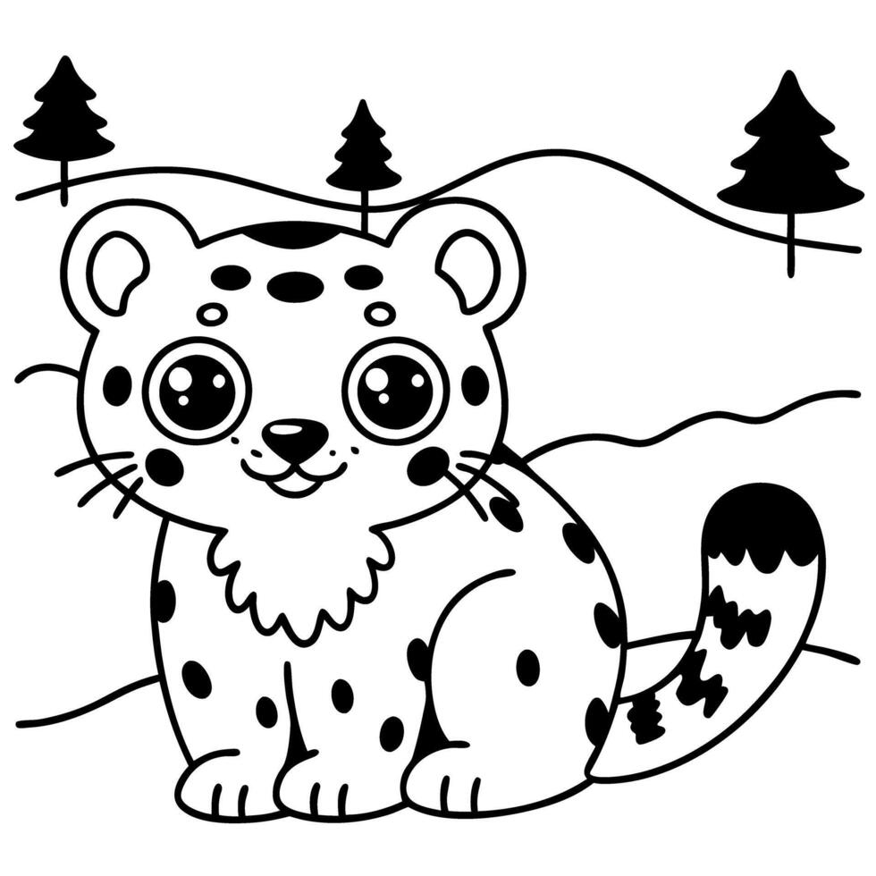Cute snow leopard in black and white outline with winter forest background vector