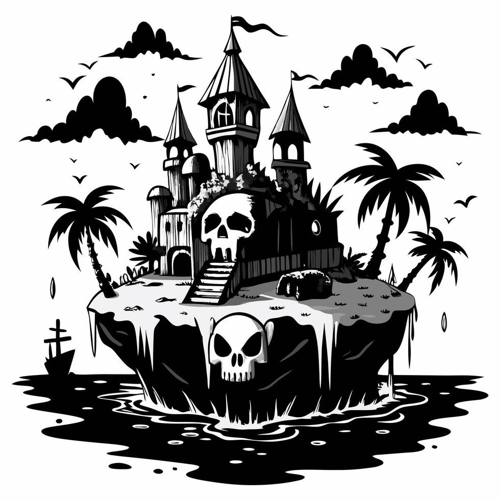 Mysterious Pirate Island Castle with Skull Accents Amidst Ocean Waves vector