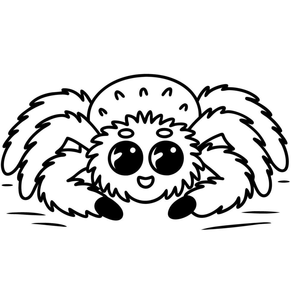 Cute spider with big eyes happy arachnid illustration, black and white line drawing vector