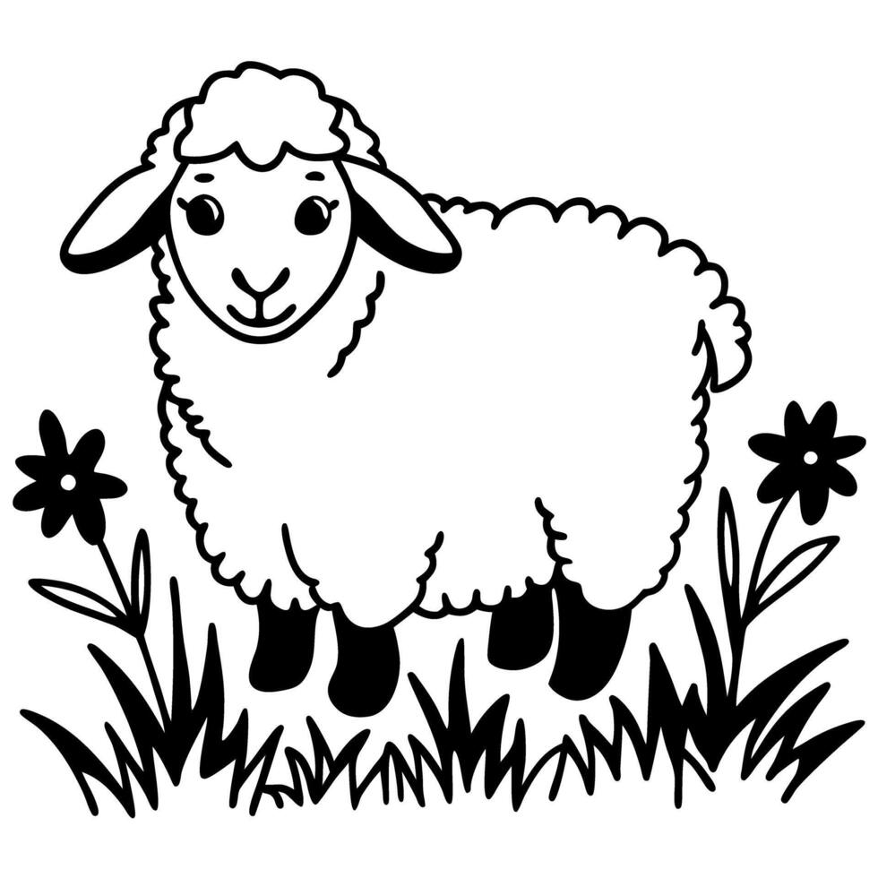 Cute sheep illustration in grass with flowers, black and white artwork design vector