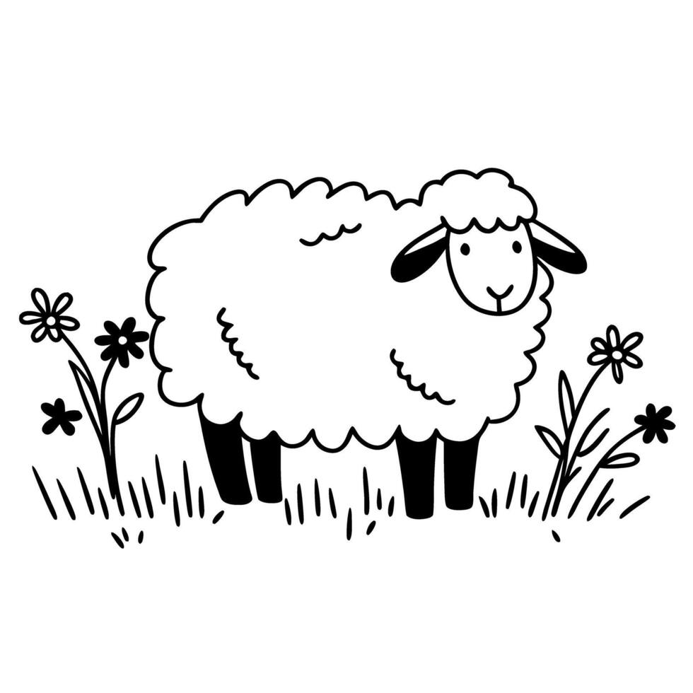 Cute sheep in a field with flowers simple minimalist black and white design vector