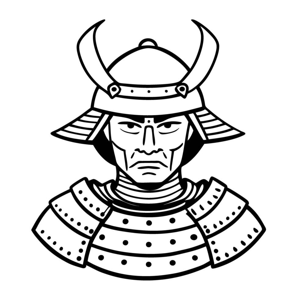 Samurai warrior in traditional armor illustration black and white line art of japanese warrior helmet and stern expression vector