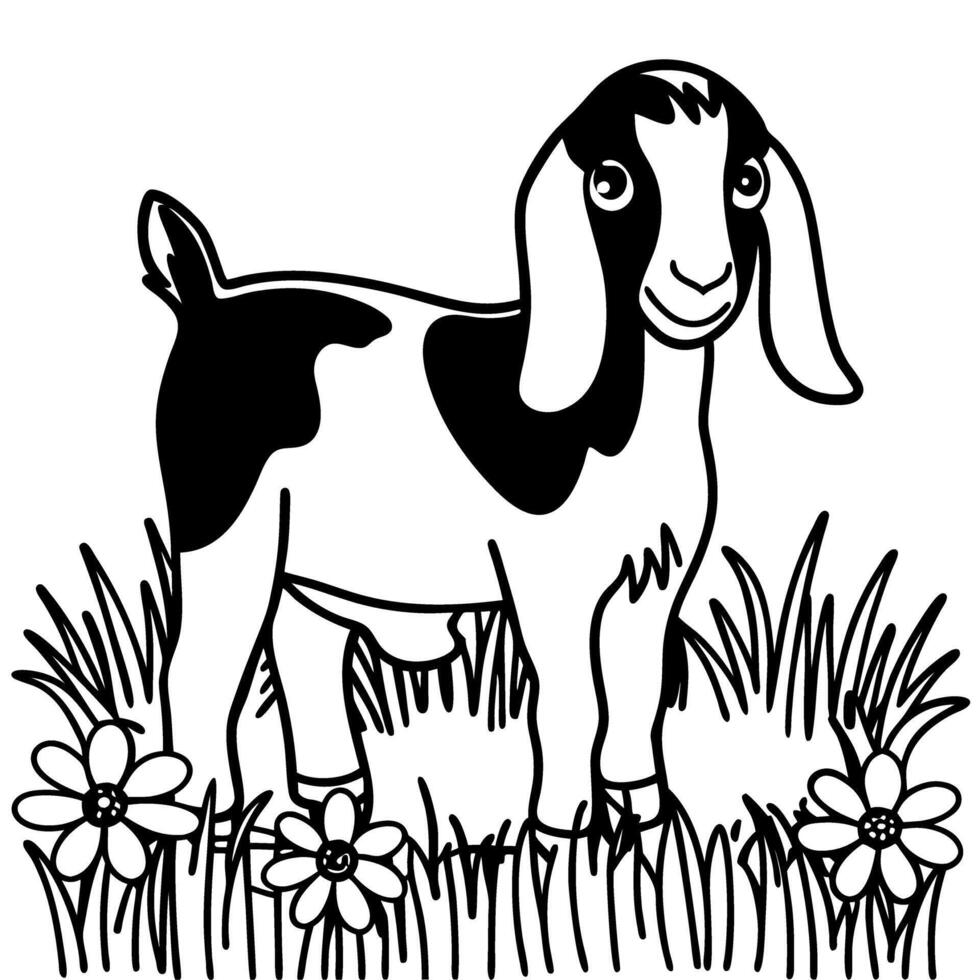 Playful goat kid exploring meadow cute black and white illustration, nature and wildlife themed vector