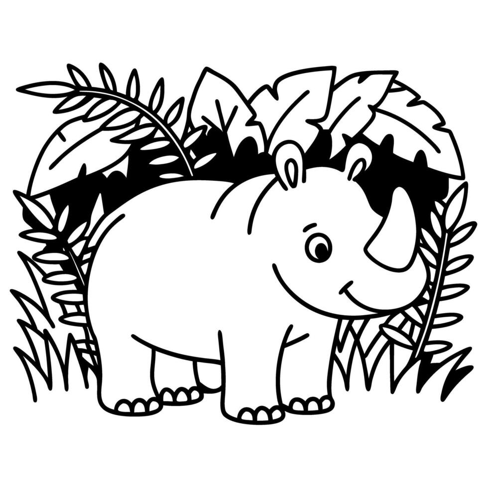 rhino in jungle setting adorable outline illustration with leaves and plants vector