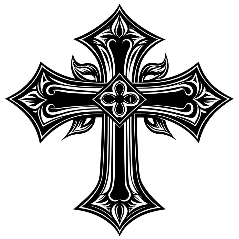Ornate Black and White Cross Design with Intricate Patterns and Floral Details vector