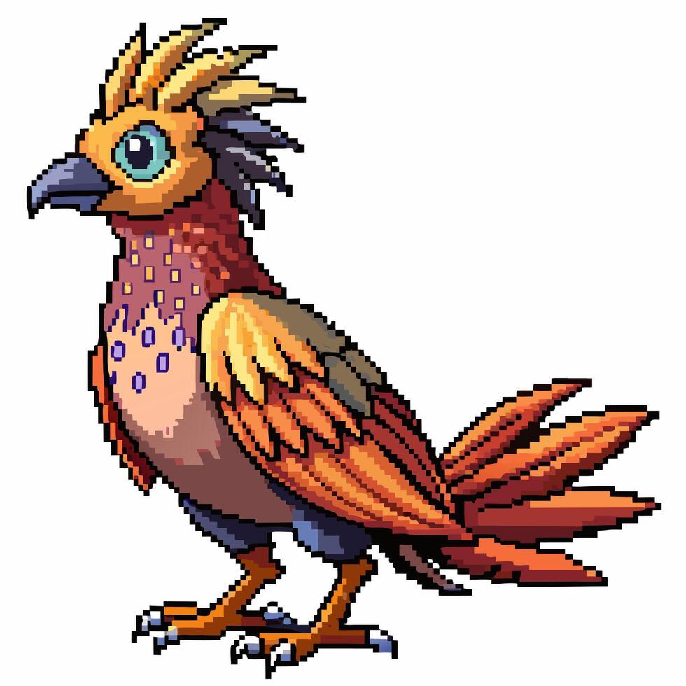Vibrant Pixel Art Bird with Colorful Feathers in Retro Game Style vector