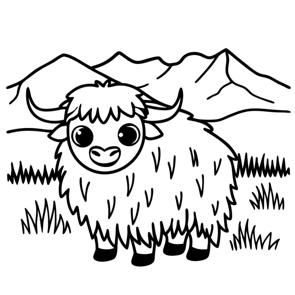 adorable yak in mountain landscape, fluffy animal illustration vector
