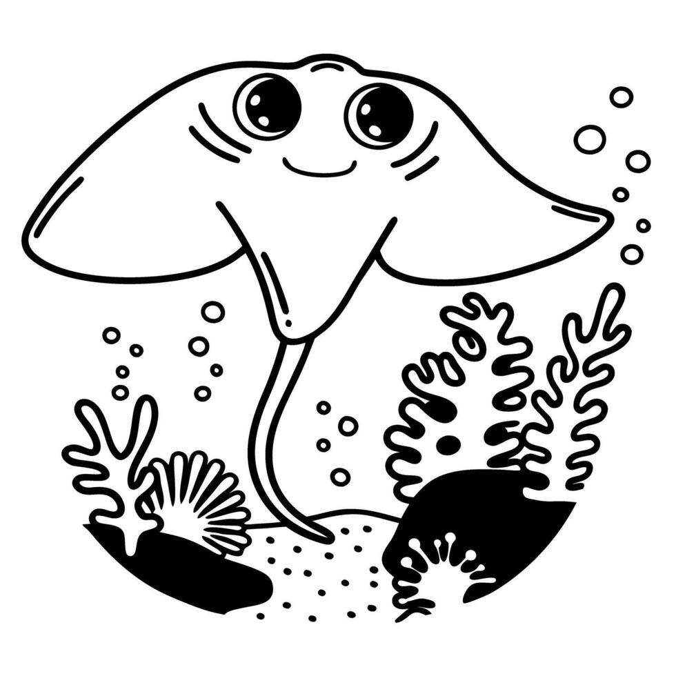 stingray swimming in ocean with coral and bubbles vector