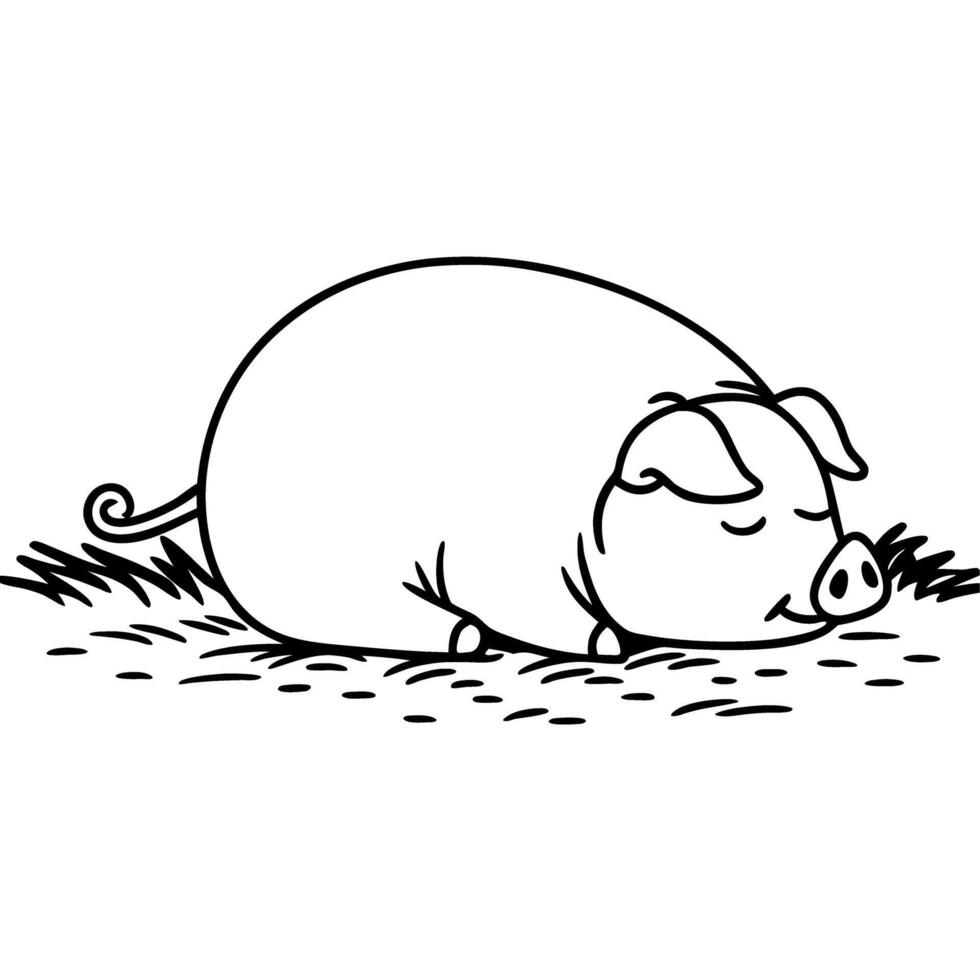 Sleeping pig, peaceful animal resting in grass cute, illustration farmyard livestock serenity vector