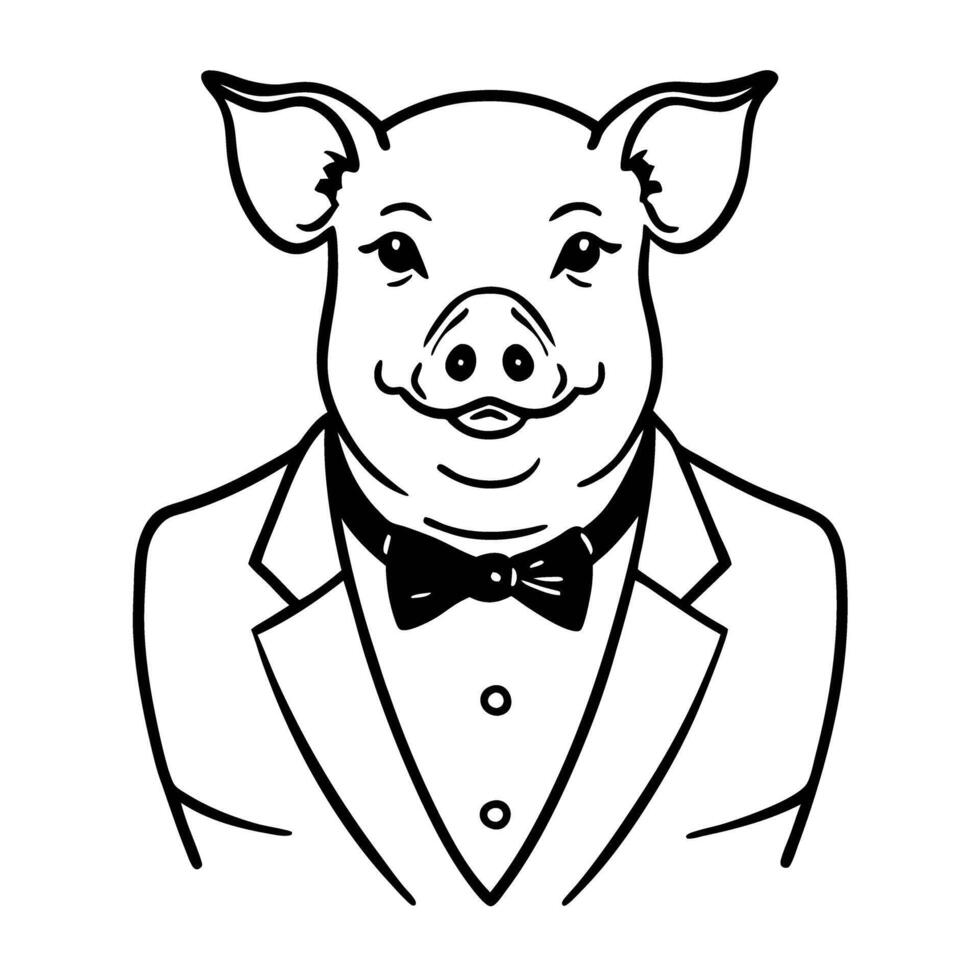 pig in a suit illustration dapper animal with bow tie and jacket, black and white line art vector