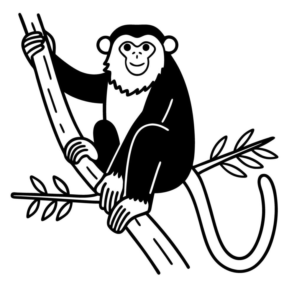 Monkey perched on tree branch black and white line illustration wildlife, nature, playful primate vector