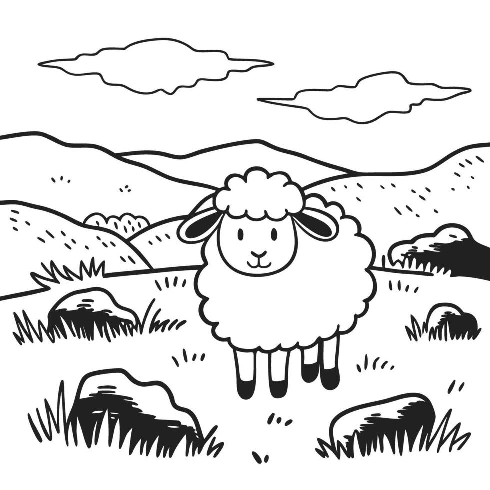 sheep in a scenic countryside landscape with rolling hills and clouds vector