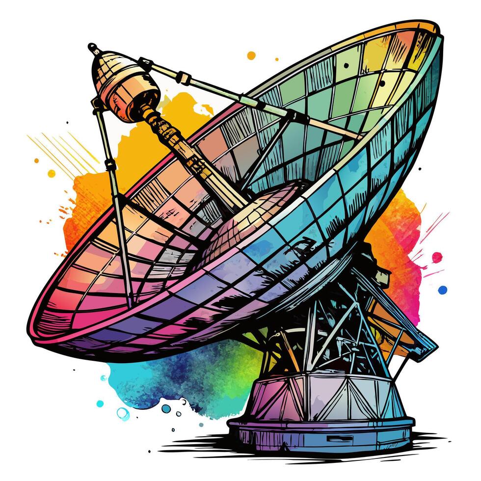 Colorful Satellite Dish Illustration with Abstract Watercolor Splash Background vector