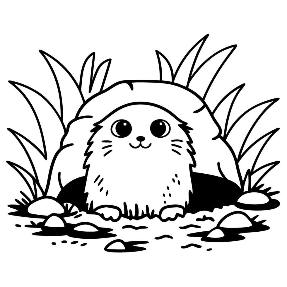 groundhog peeking from burrow surrounded by grass and rocks, cute black and white illustration vector