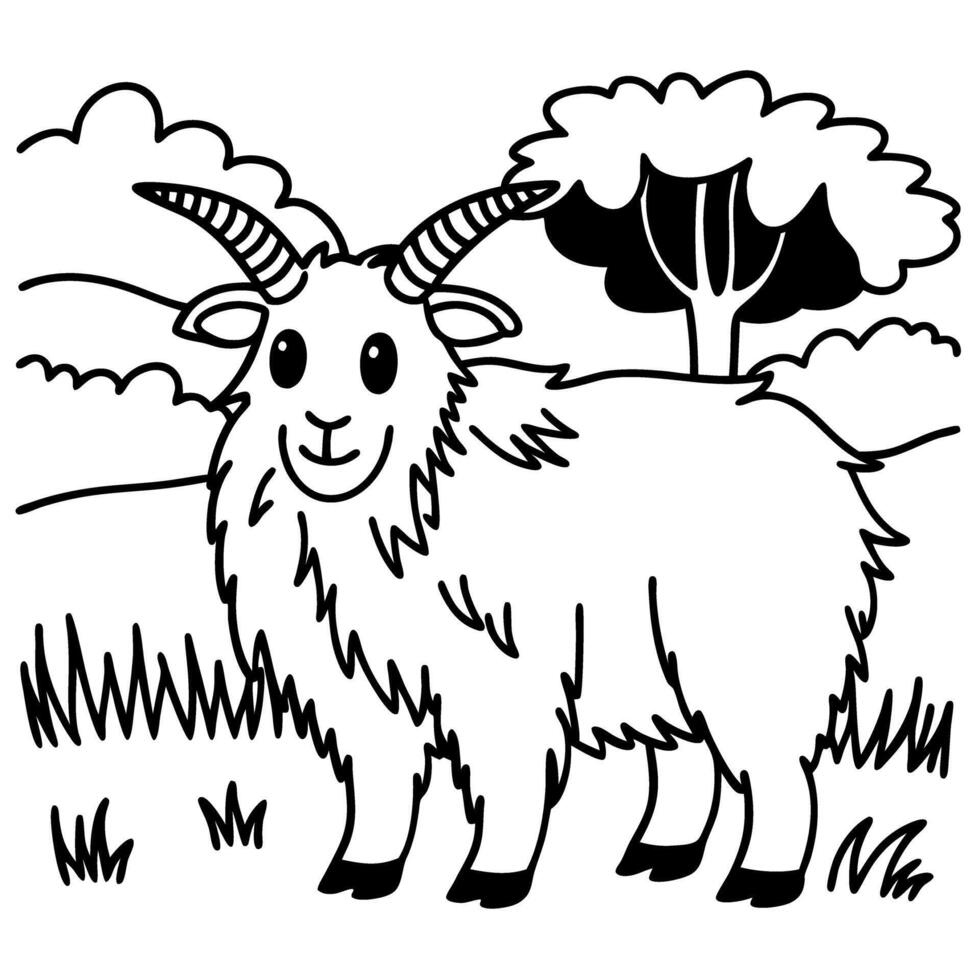 Smiling goat in a pastoral landscape black and white illustration, nature scene with trees and grassland vector