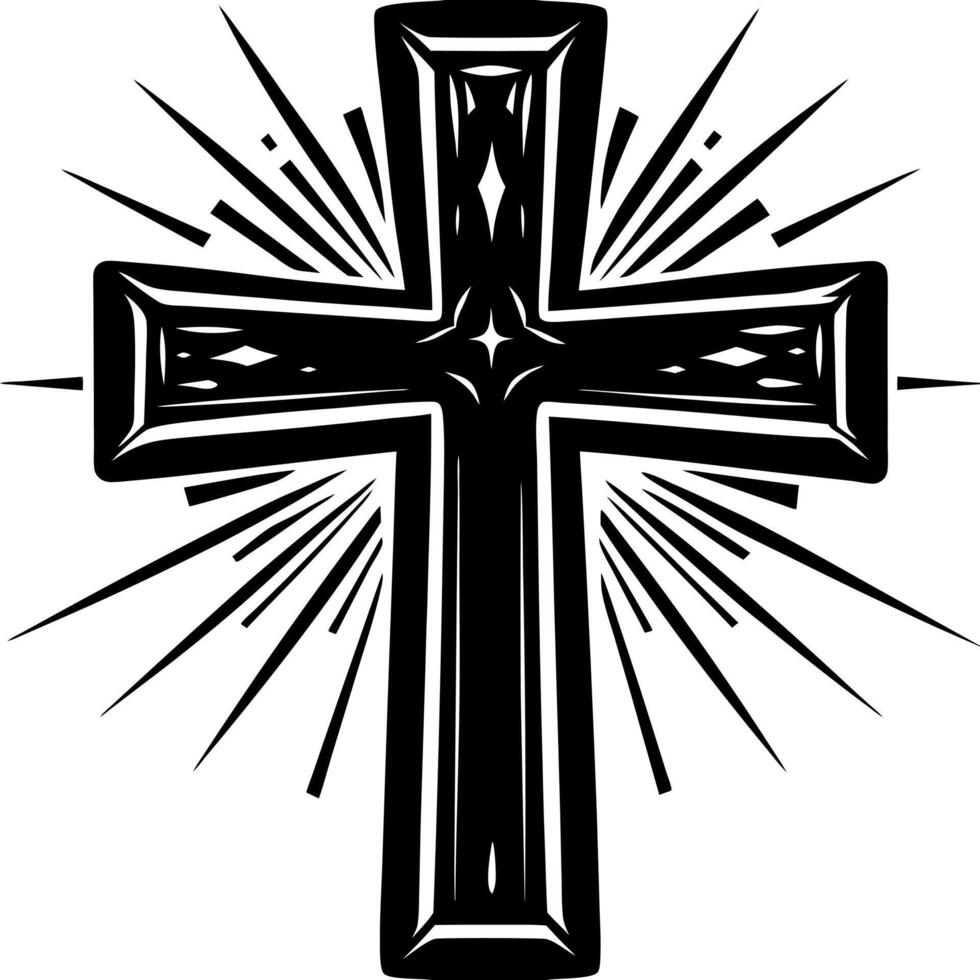 Radiant Black Cross with Stylized Rays Elegant Christian Symbol Illustration vector