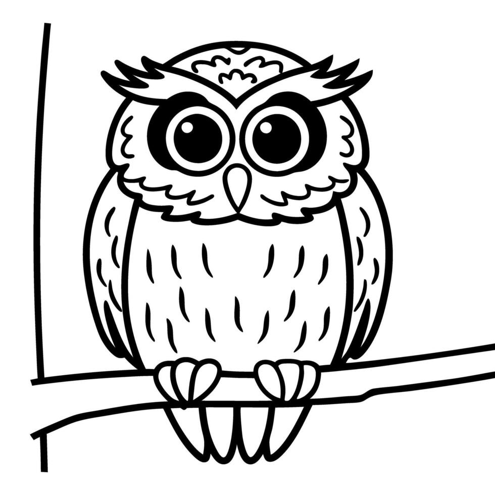 owl sitting on branch cute illustration with big eyes, simple black and white line art, wildlife design vector