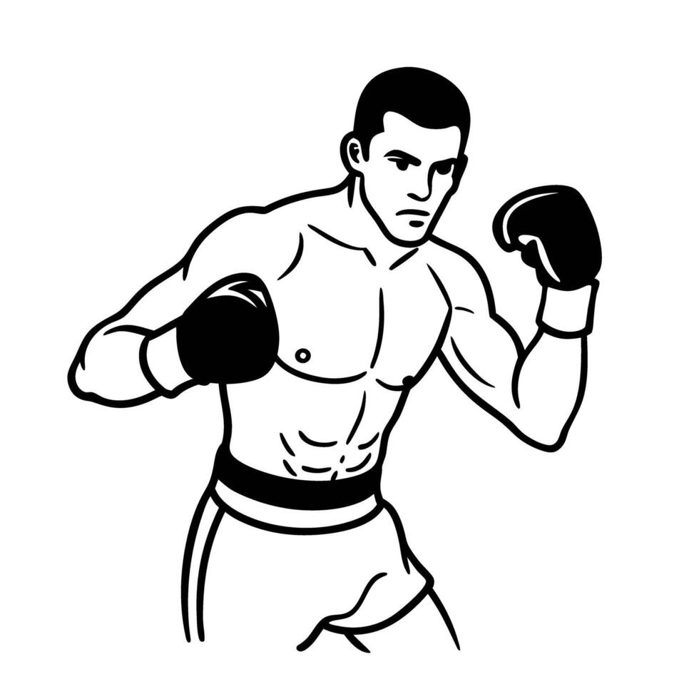 Boxer in fighting pose determined athlete with gloves, ready for competition strength and boxing stance, outline illustration vector