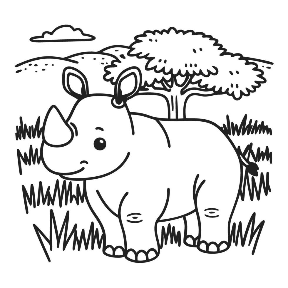 illustration of a cute rhino in a safari landscape, black and white coloring page for kids vector