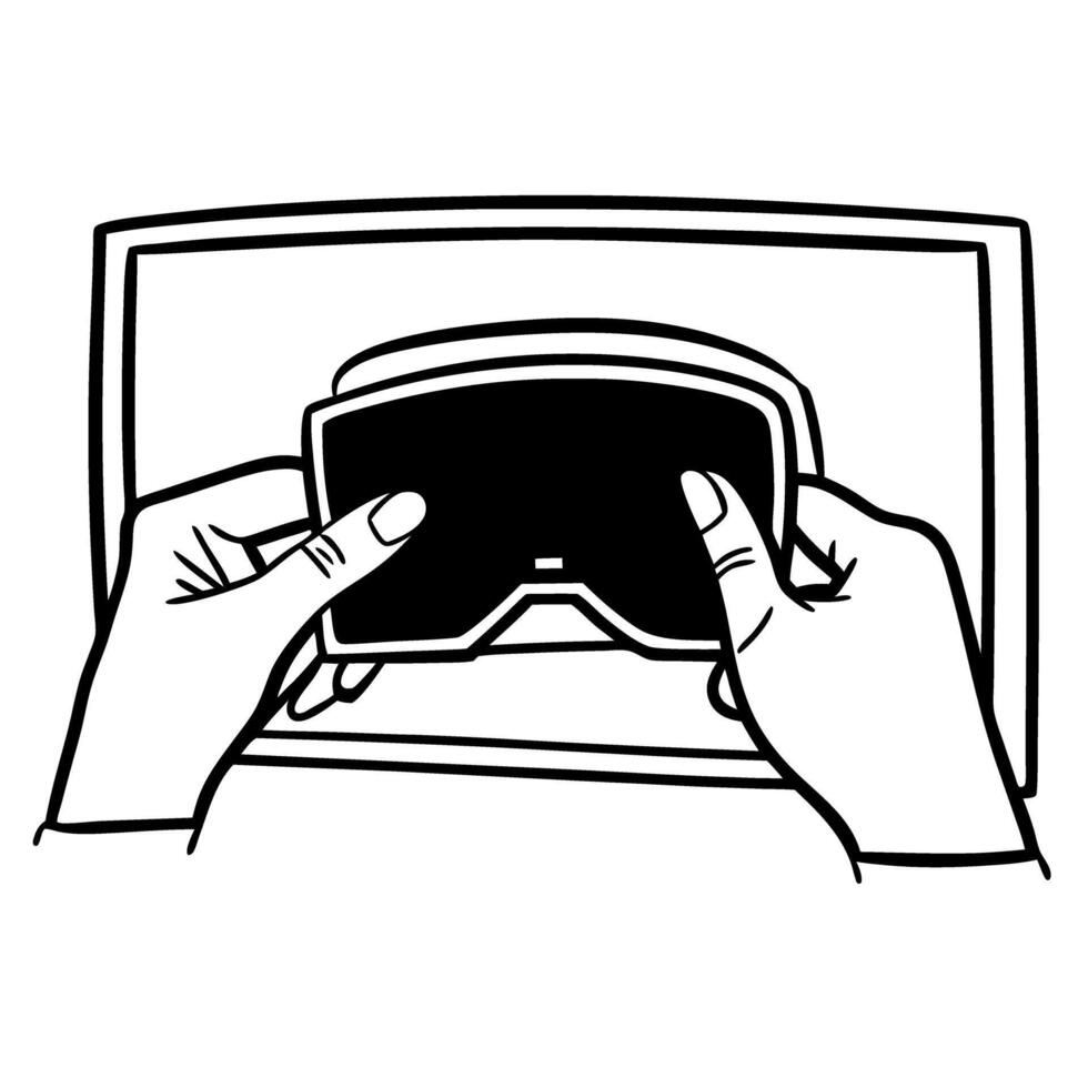 Hands holding vr headset in front of screen, virtual reality gaming and technology concept illustration vector
