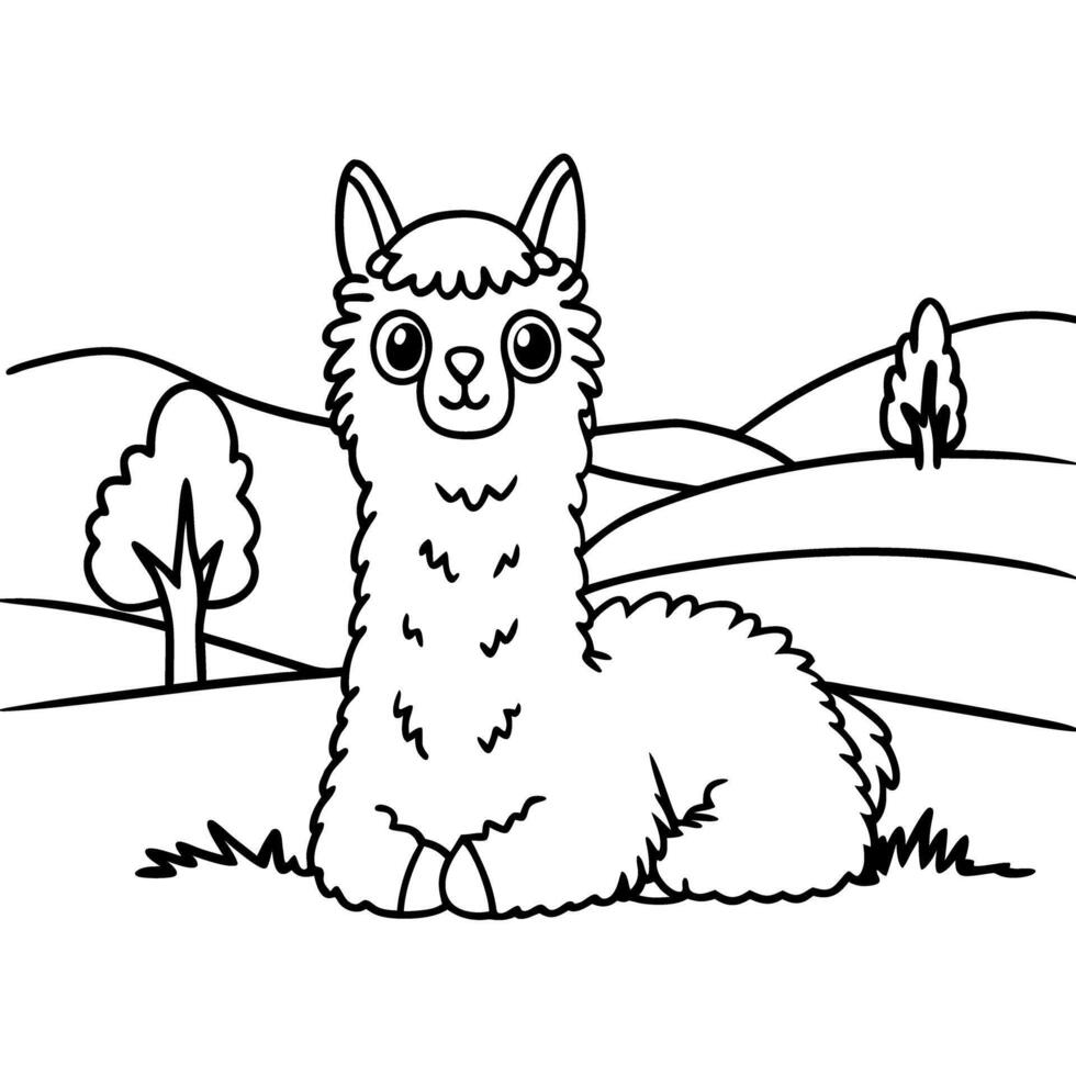 smiling llama in landscape cute animal illustration for coloring alpaca in nature, hills and trees vector