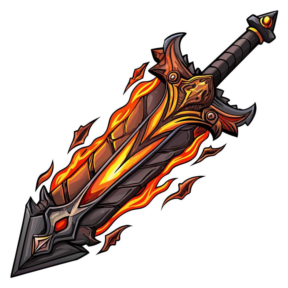 Epic Flaming Sword Illustration Fiery Fantasy Weapon Design Concept vector