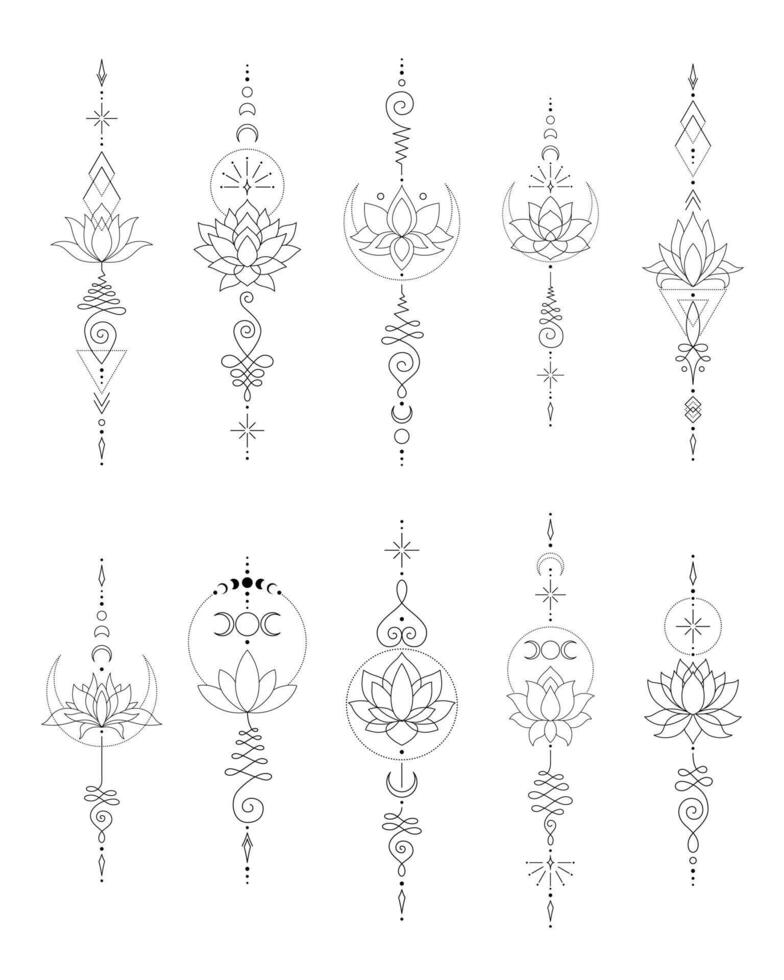 Set of Mystic Lotus Sacred Geometry Unalome Boho Tattoo Design Collection. vector