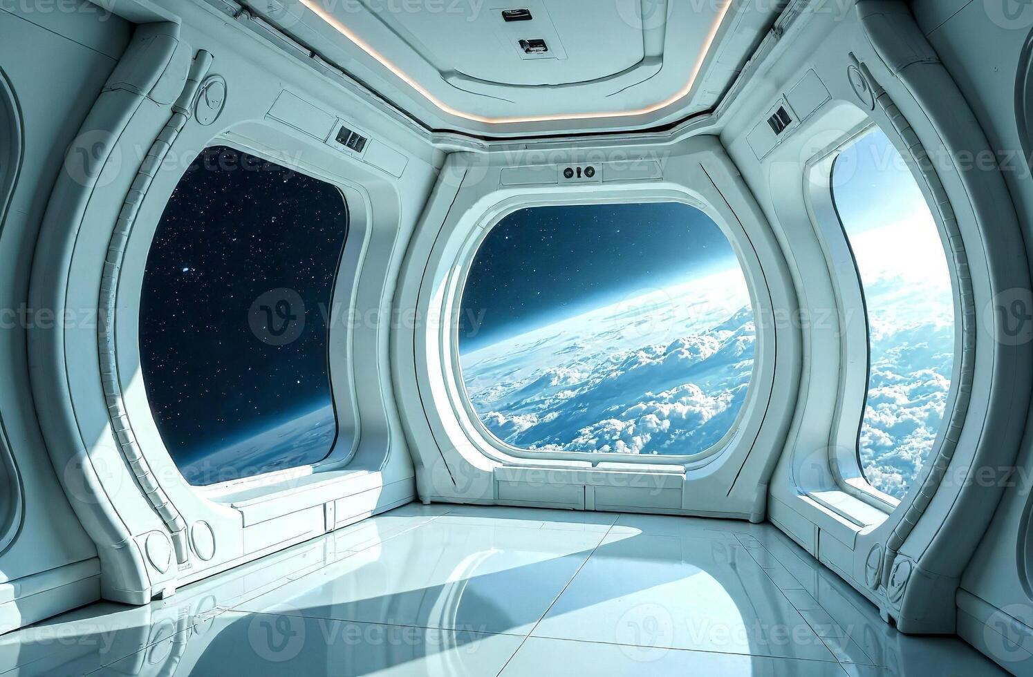 The interior of spaceship, space and planets in the window. photo