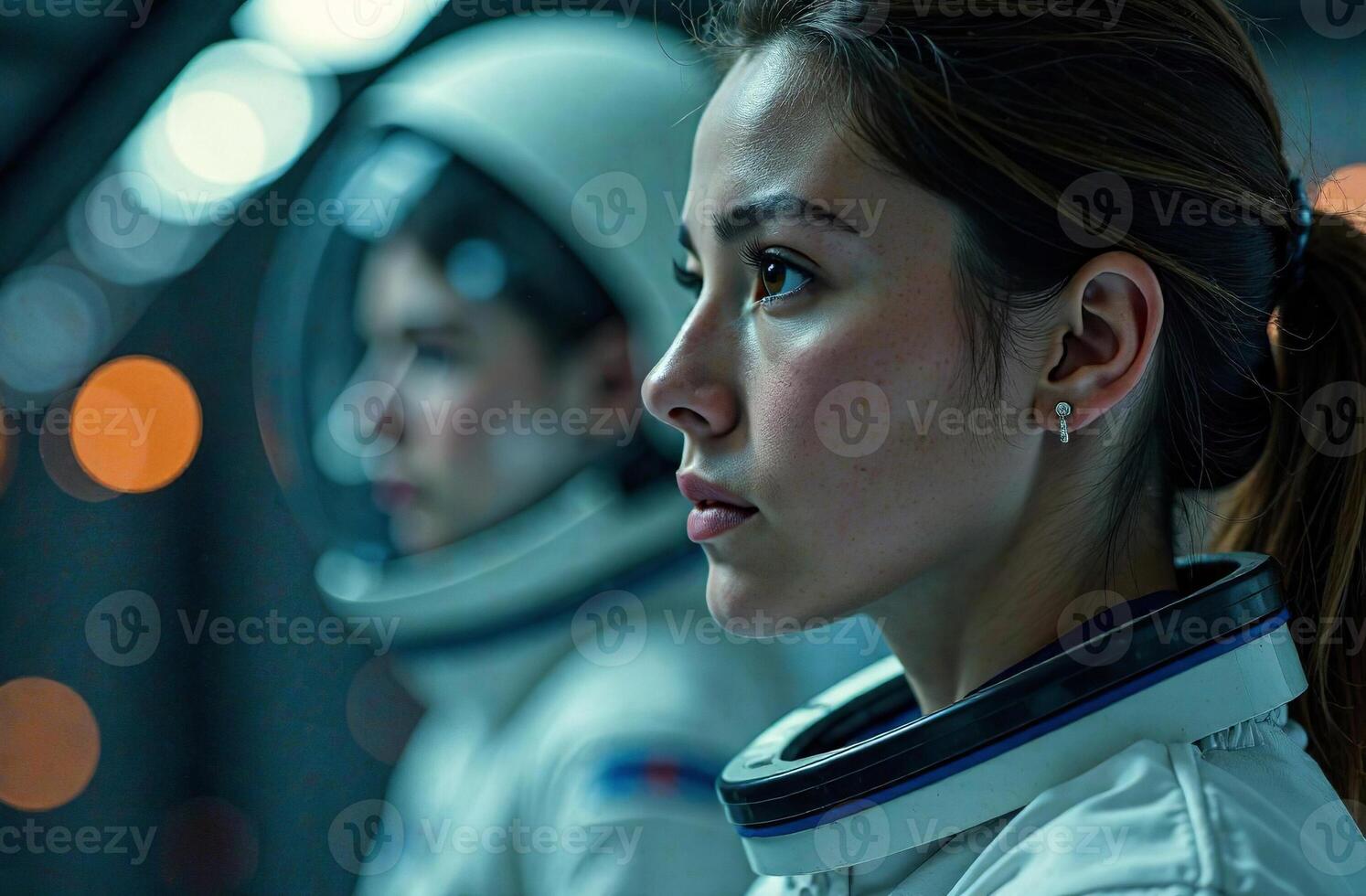 Portrait woman astronaut in spacesuit black helmet background of cosmos photo