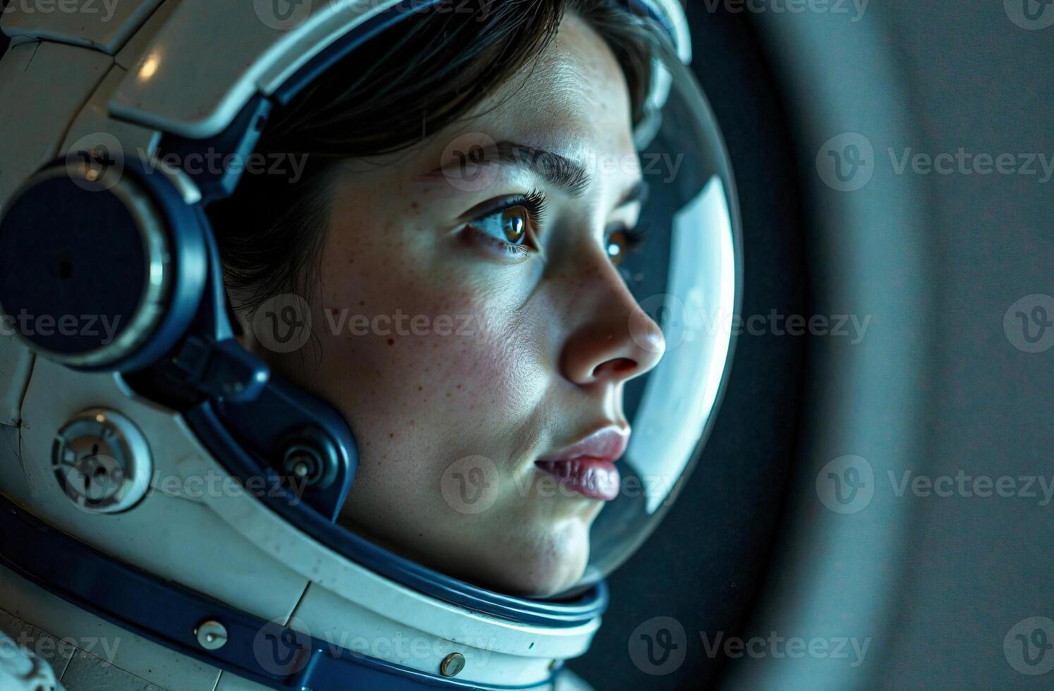 Portrait woman obscure astronaut in spacesuit helmet background of cosmos photo