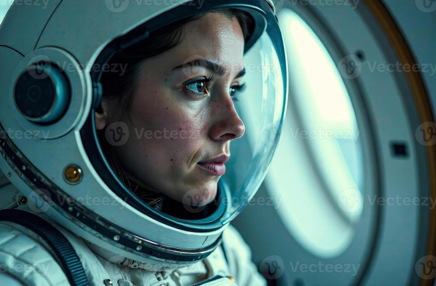 Portrait woman astronaut in spacesuit helmet background dark of cosmos photo