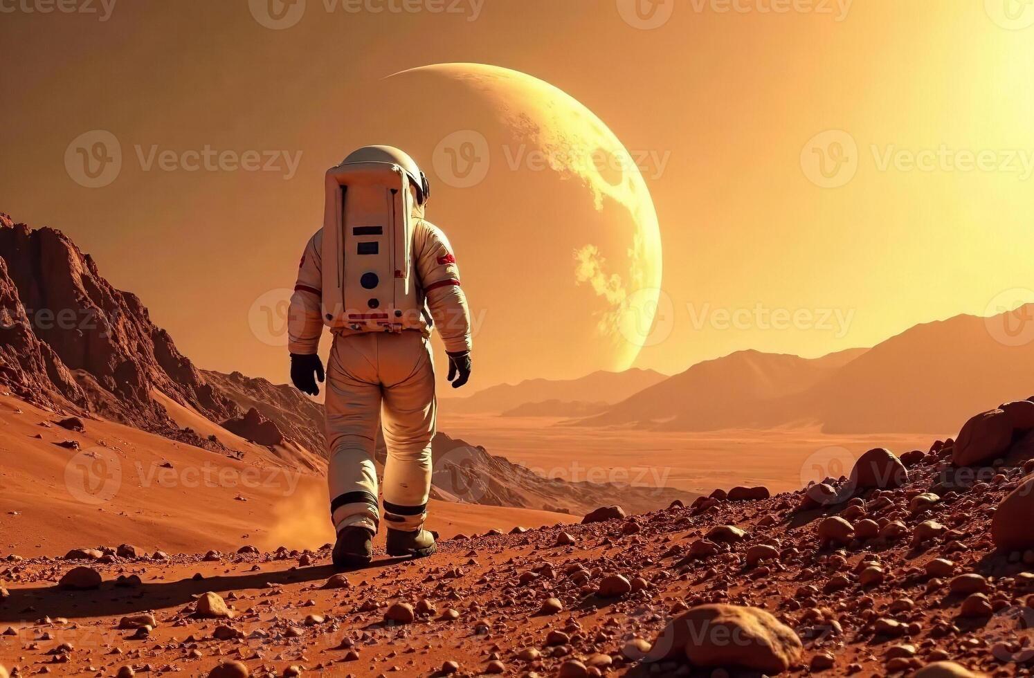 Astronaut stand obscure on ground planet and looking large satellite space photo