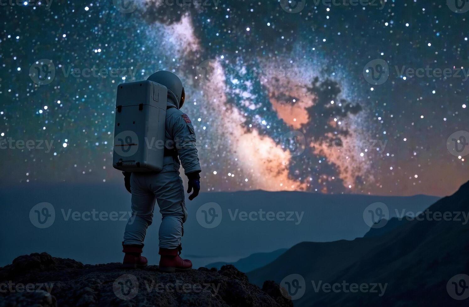 Astronaut stand on ground obscure planet and looking large satellite space photo