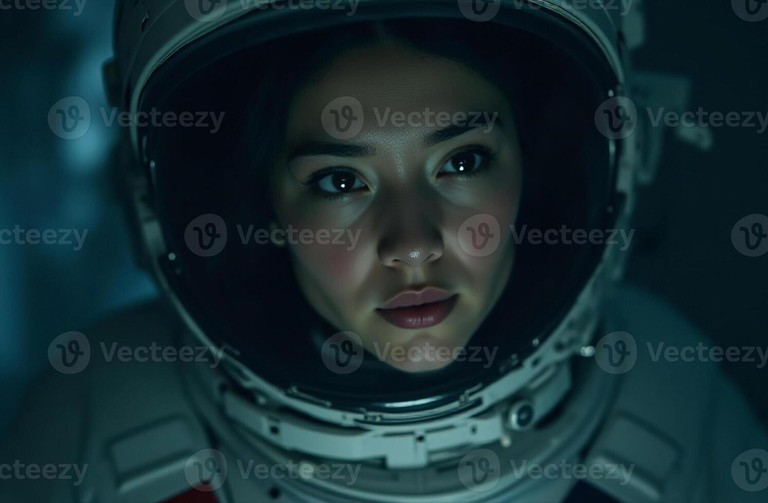 Portrait woman astronaut in spacesuit helmet background of cosmos photo