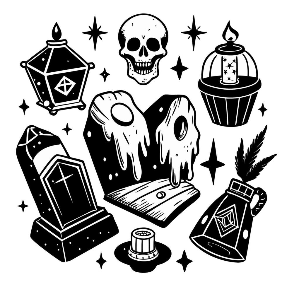 Spooky Black and White Illustrations of Halloween Symbols and Gothic Objects vector