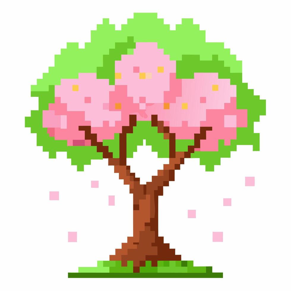 Pixel Art Cherry Blossom Tree with Falling Petals on White Background vector