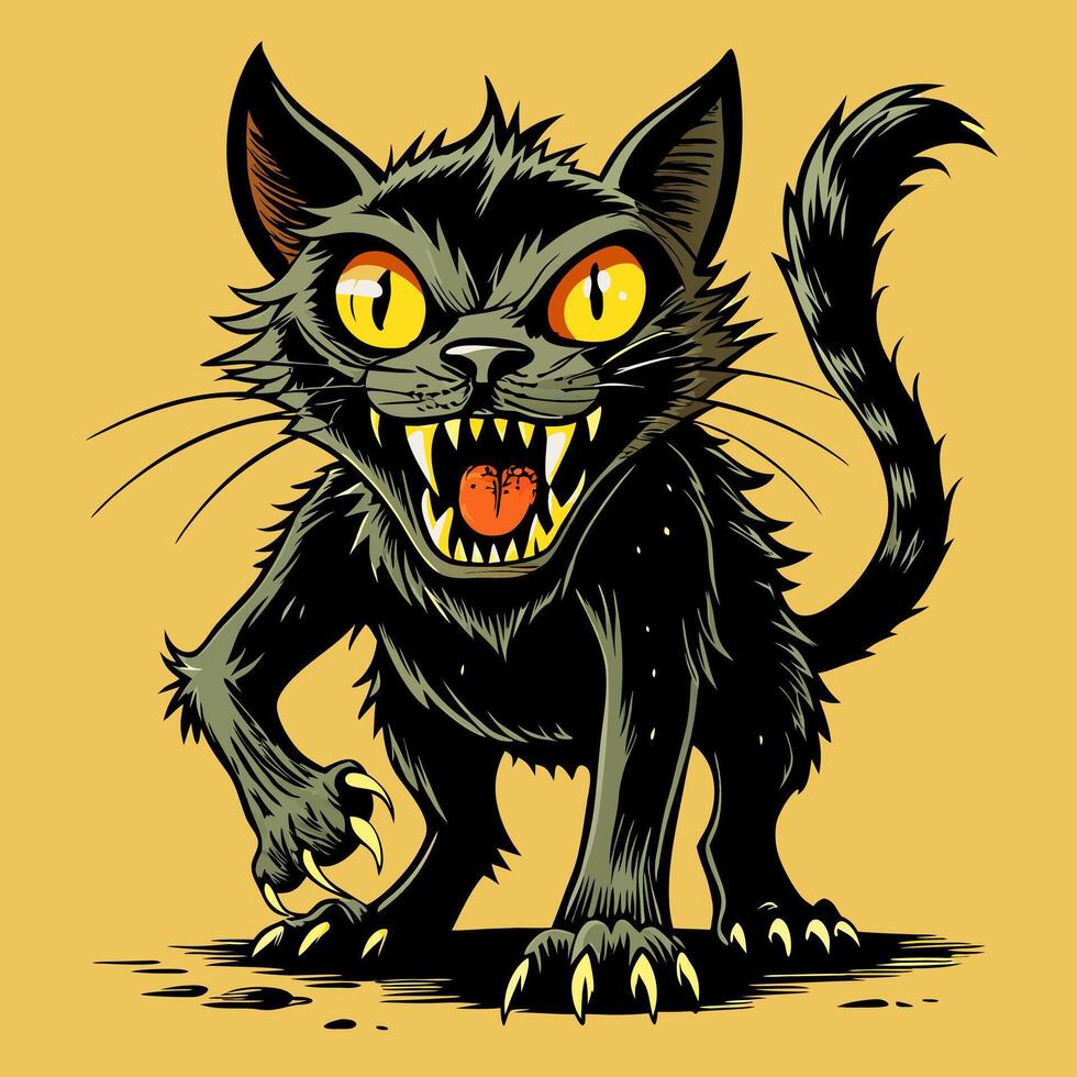 Fierce Black Cat Illustration with Yellow Eyes and Sharp Teeth on a Yellow Background vector