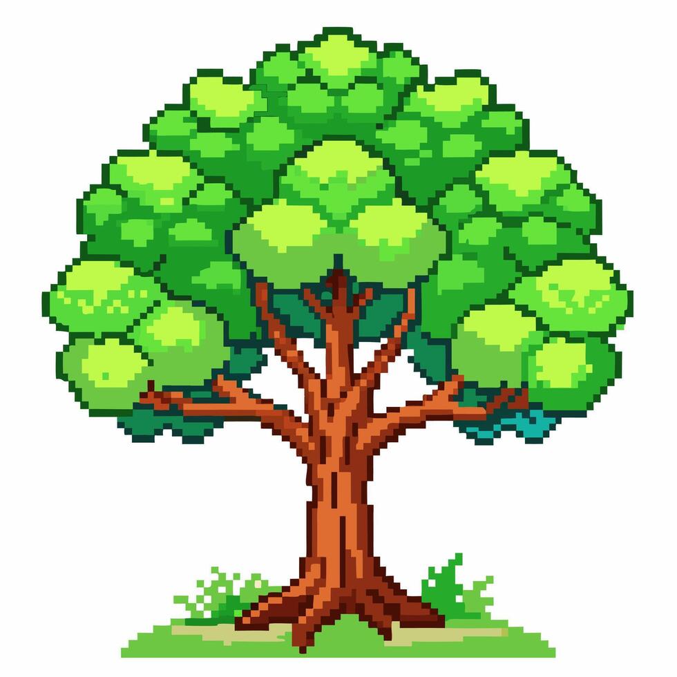 Pixel Art Tree with Green Leaves and Bushes 8 Bit Style Nature Illustration vector