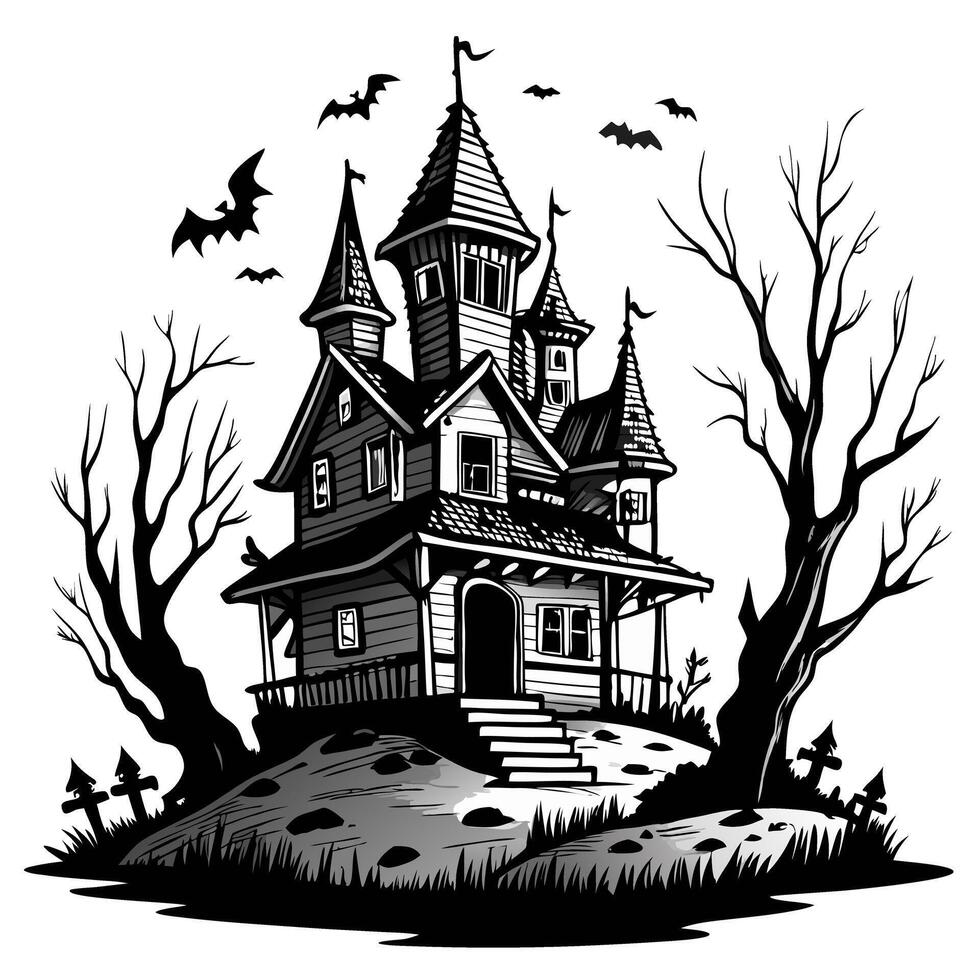 Gothic Haunted House Illustration with Bats and Bare Trees for Halloween vector