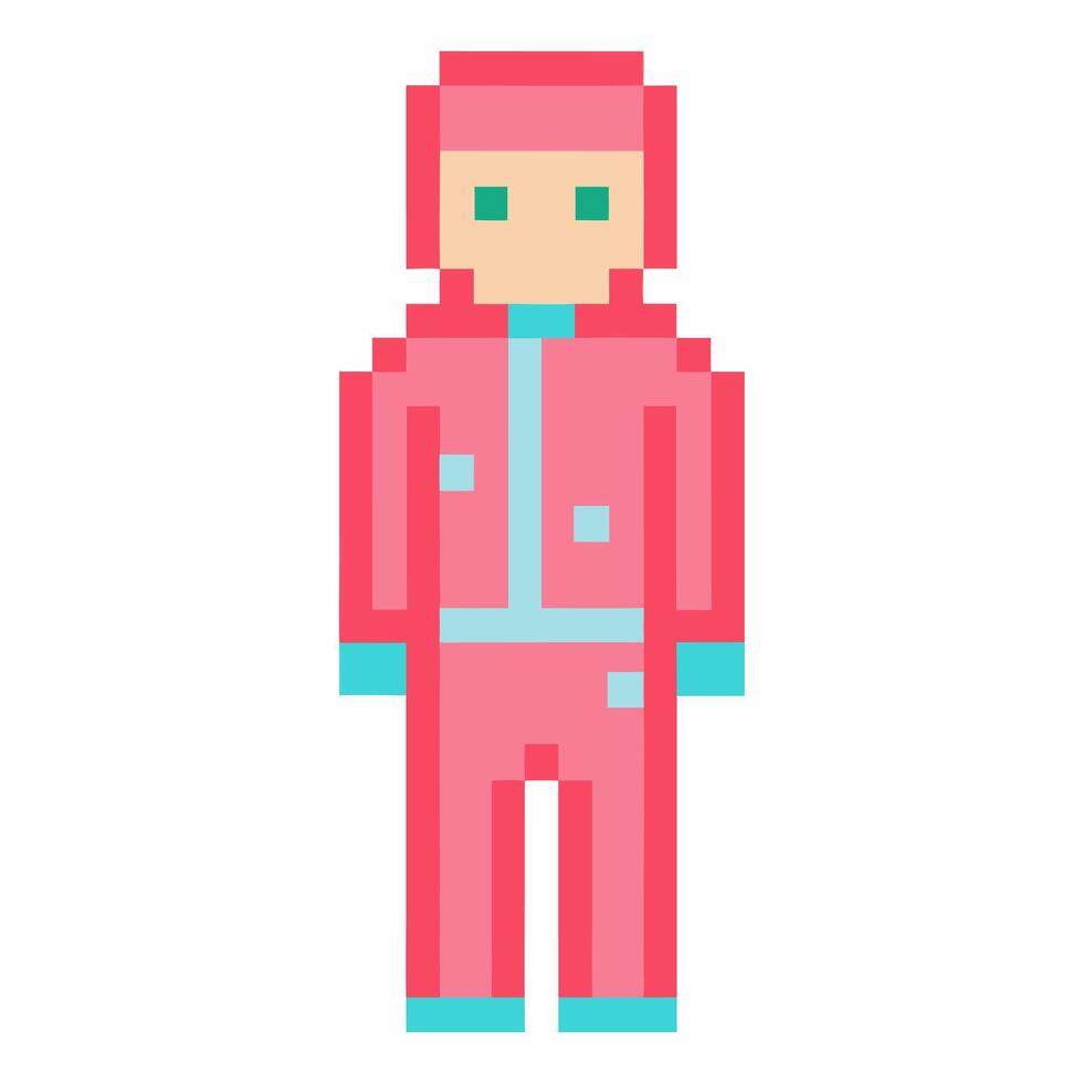 Pixel Art Character in Pink Jumpsuit Retro Game Style Illustration vector