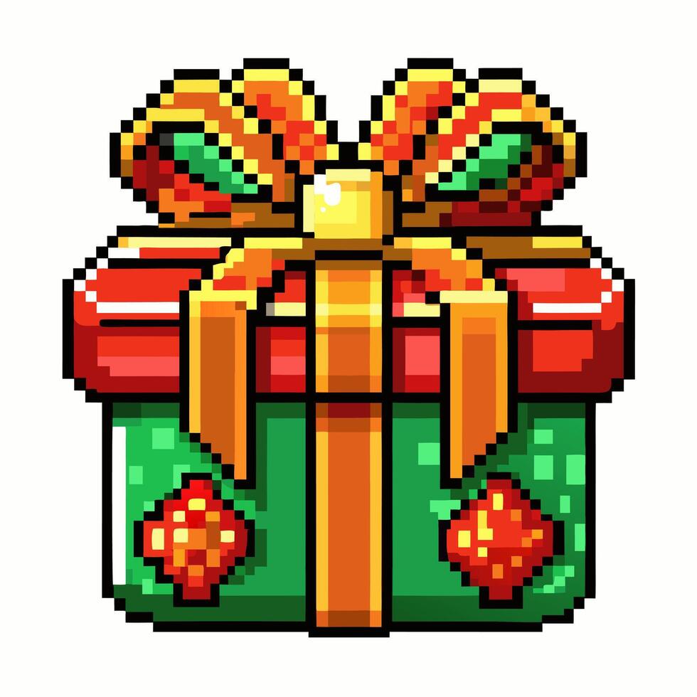 Pixel Art Gift Box with Bright Ribbon and Decorative Details for Holiday Themes vector