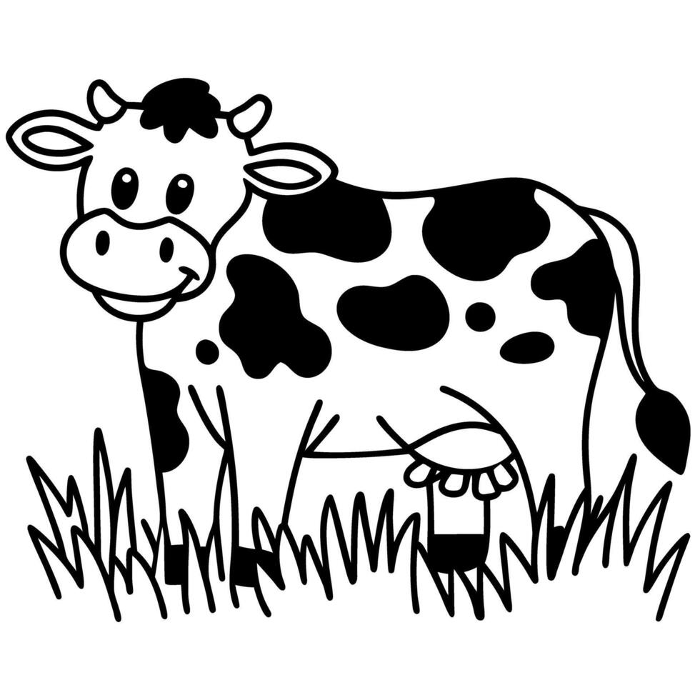 smiling cow in a field black and white illustration of happy cow grazing in grass vector