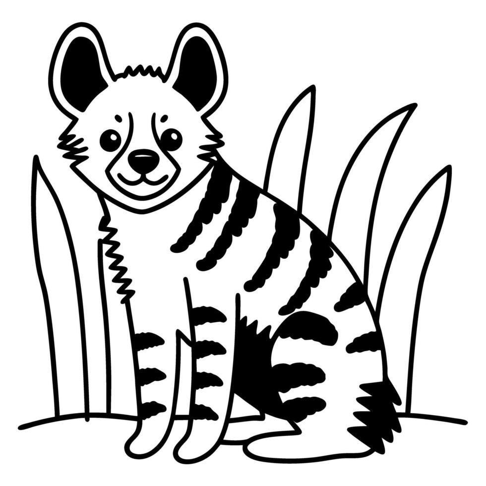 Hyena illustration, black and white design with grass background wildlife art, animal character sketch vector